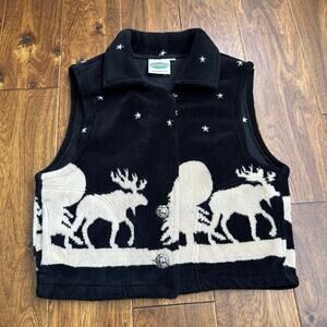VTG Pine Cone Designs plush sherpa fleece vest moose winter black cream medium